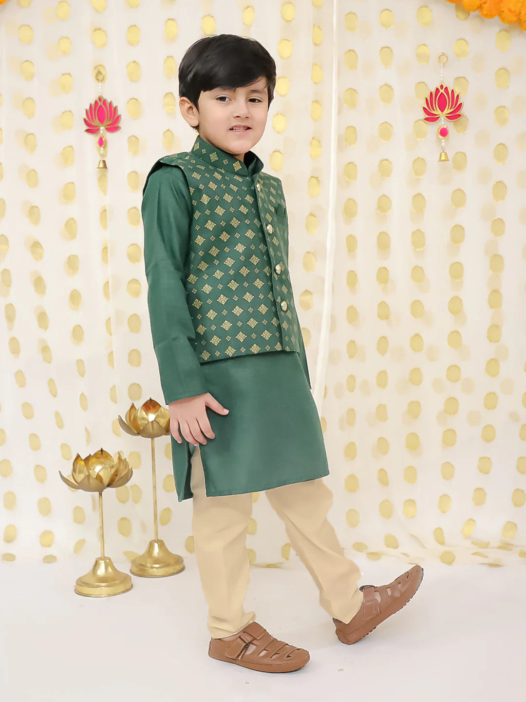 BownBee Printed Linen Jacket With Kurta Pajama Set For Boys