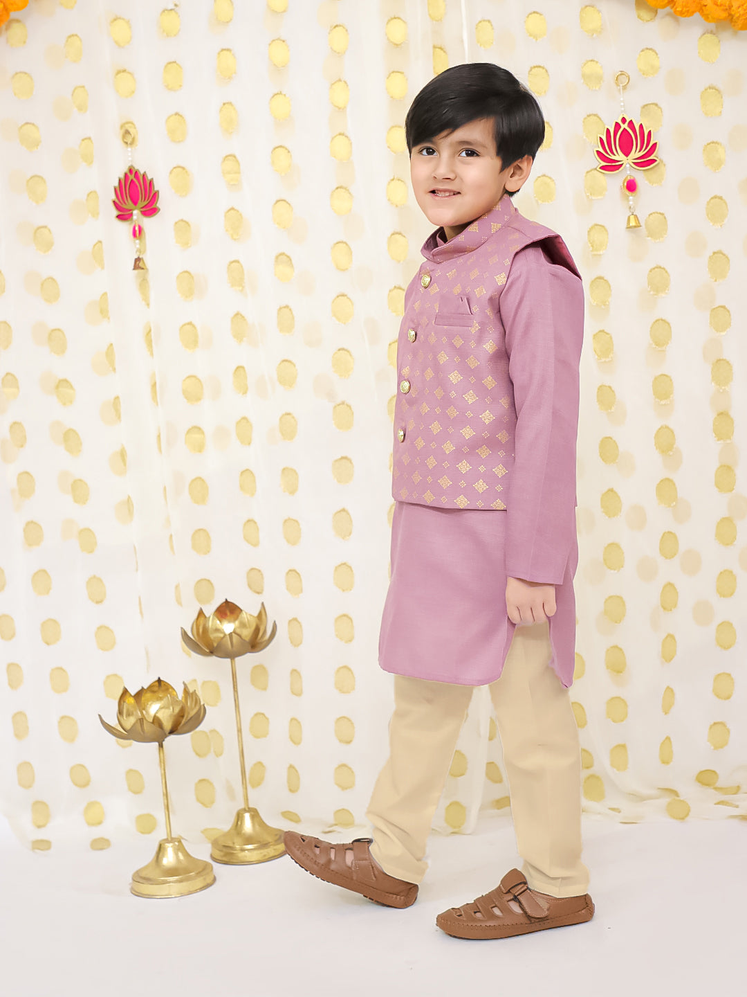 BownBee Printed Linen Jacket With Kurta Pajama Set For Boys - Red