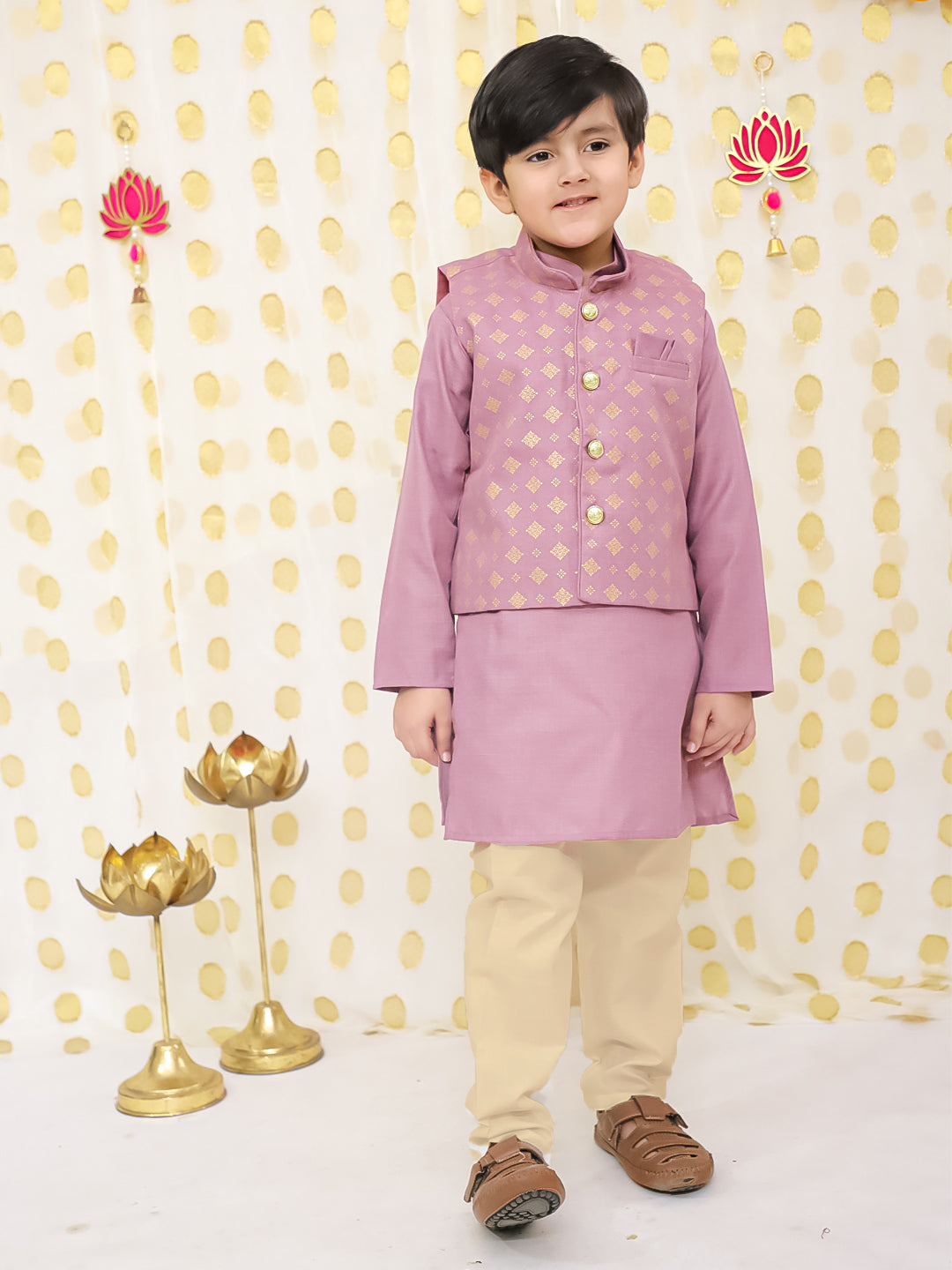 BownBee Printed Linen Jacket With Kurta Pajama Set For Boys - Red