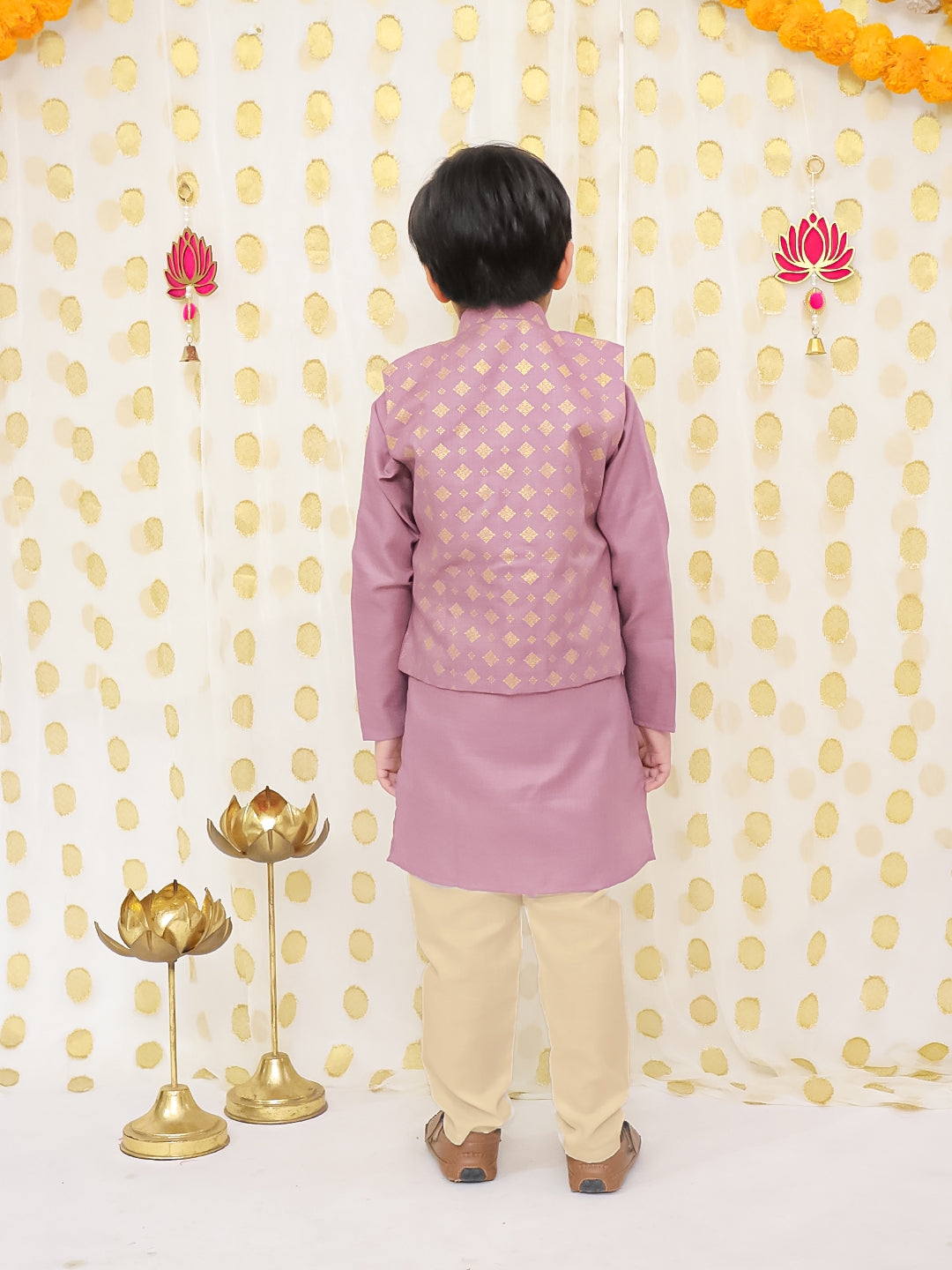 BownBee Printed Linen Jacket With Kurta Pajama Set For Boys - Red