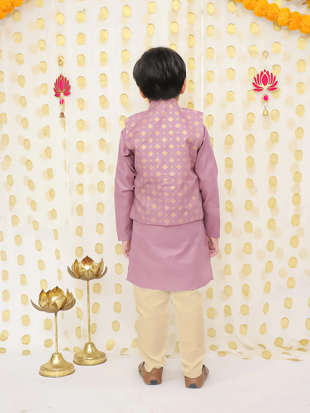 BownBee Printed Linen Jacket With Kurta Pajama Set For Boys