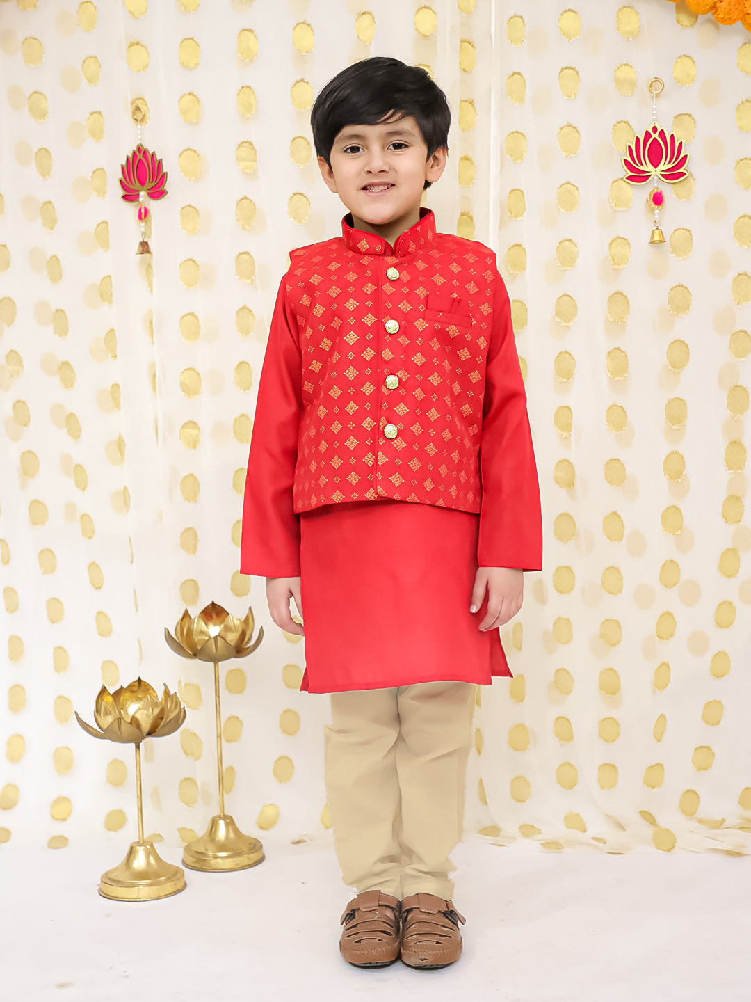 BownBee Printed Linen Jacket With Kurta Pajama Set For Boys - Red