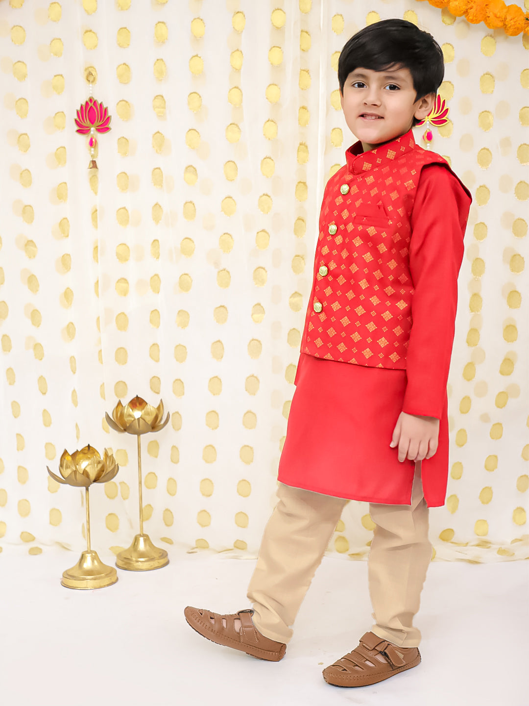 BownBee Printed Linen Jacket With Kurta Pajama Set For Boys - Red