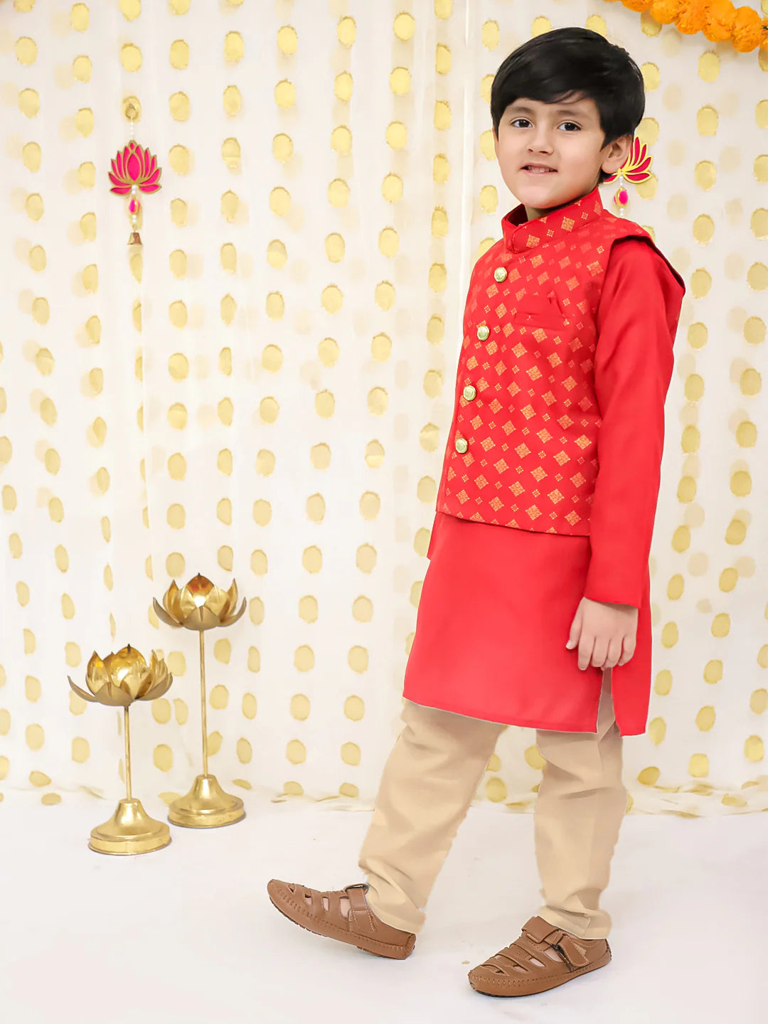 BownBee Printed Linen Jacket With Kurta Pajama Set For Boys