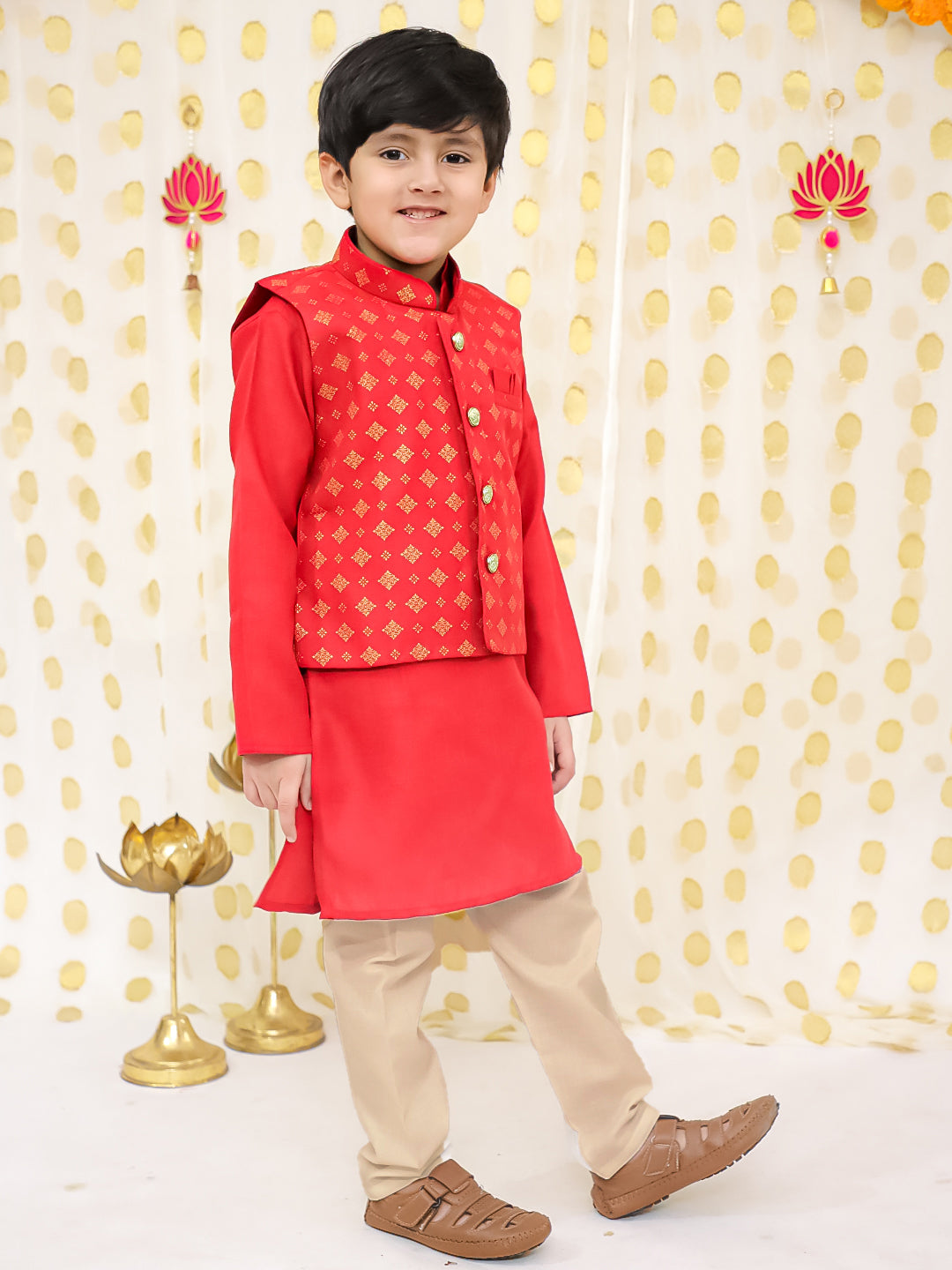 BownBee Printed Linen Jacket With Kurta Pajama Set For Boys - Red