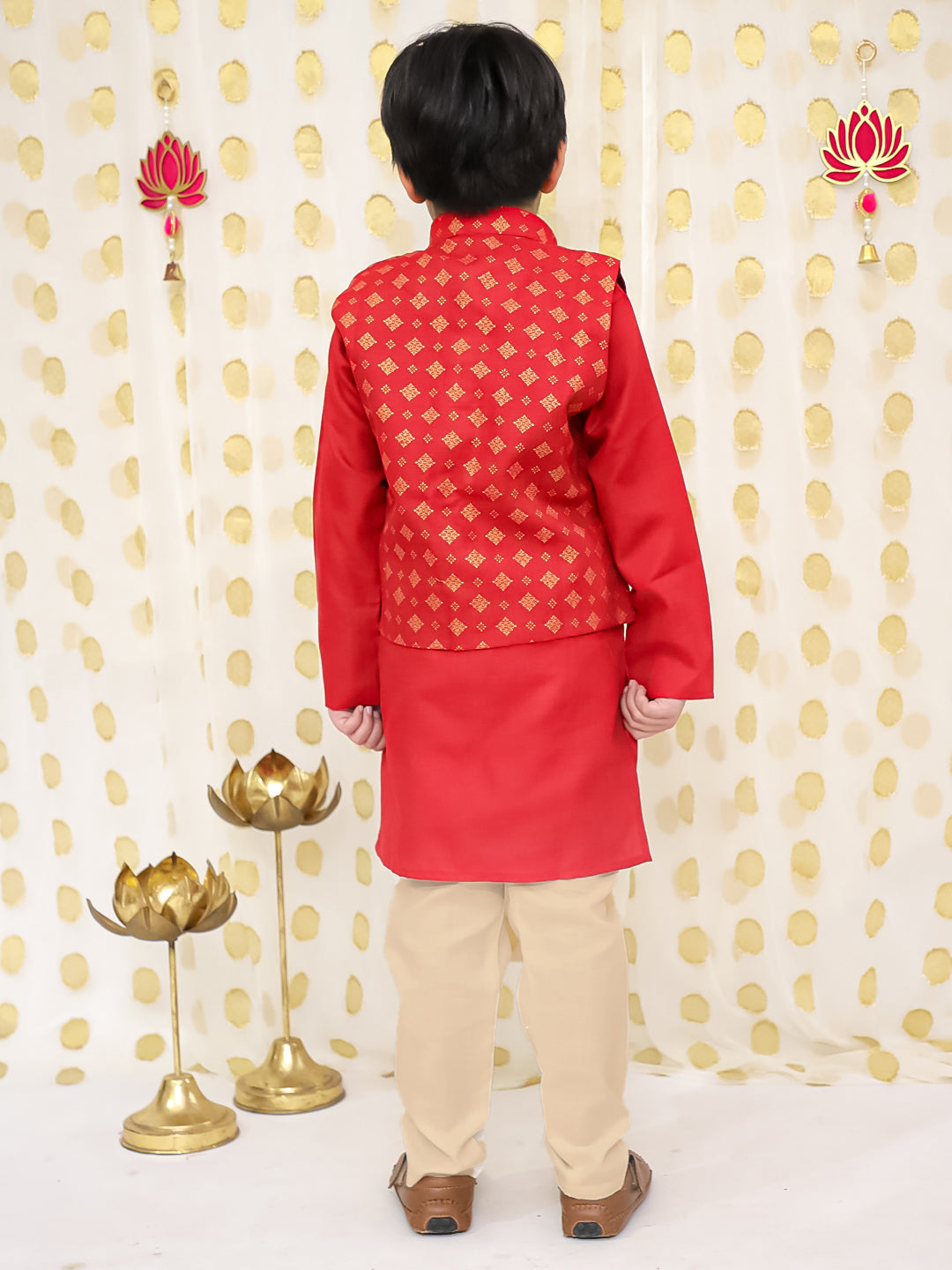 BownBee Printed Linen Jacket With Kurta Pajama Set For Boys - Red