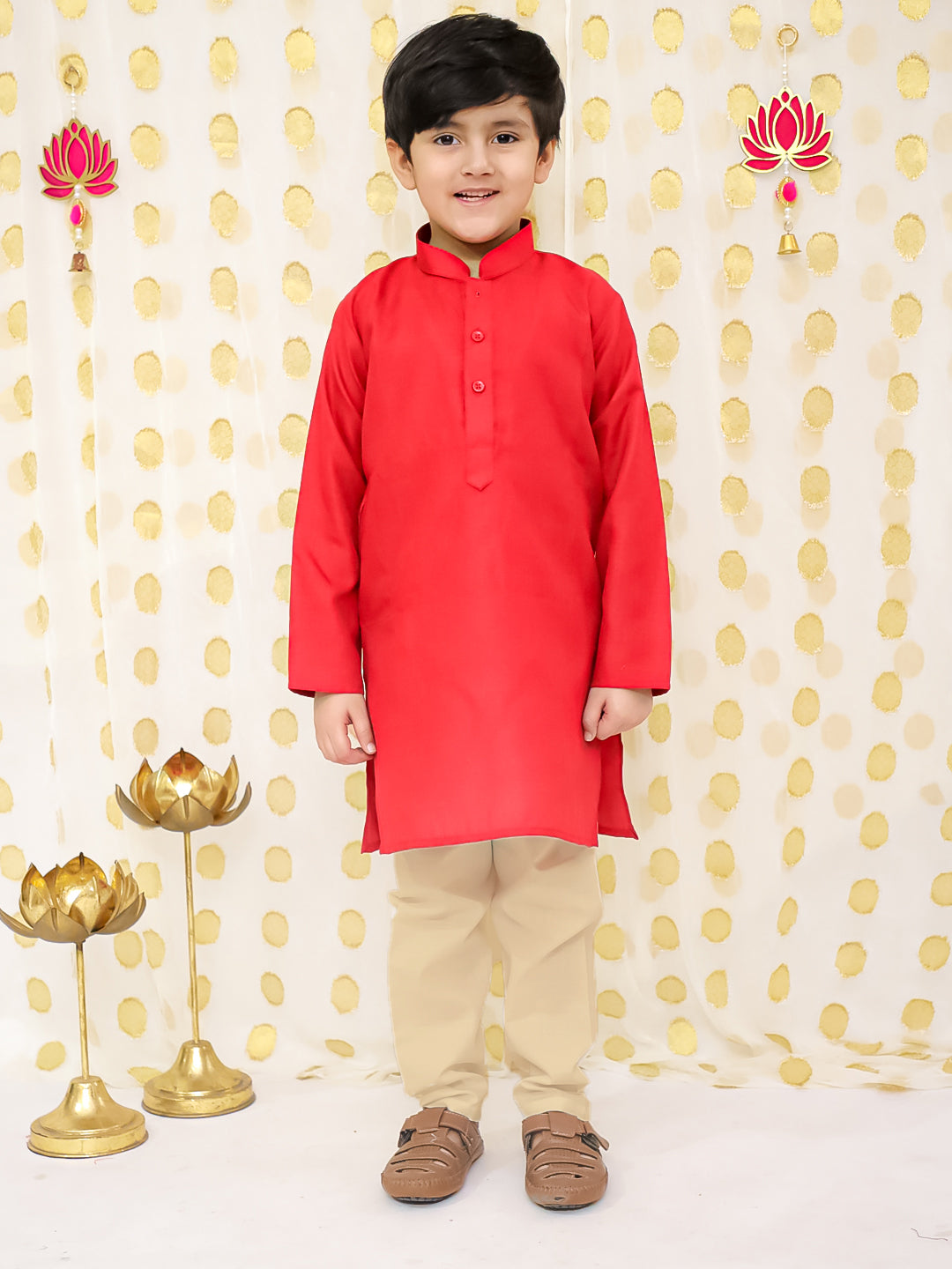 BownBee Printed Linen Jacket With Kurta Pajama Set For Boys - Red