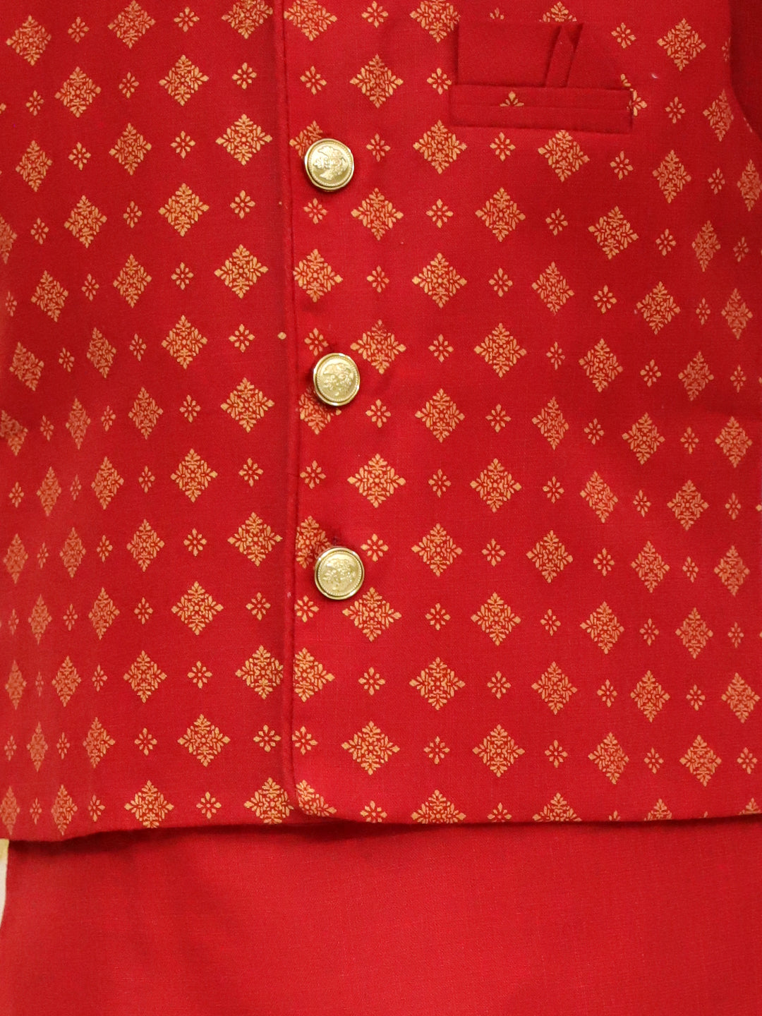 BownBee Printed Linen Jacket With Kurta Pajama Set For Boys - Red