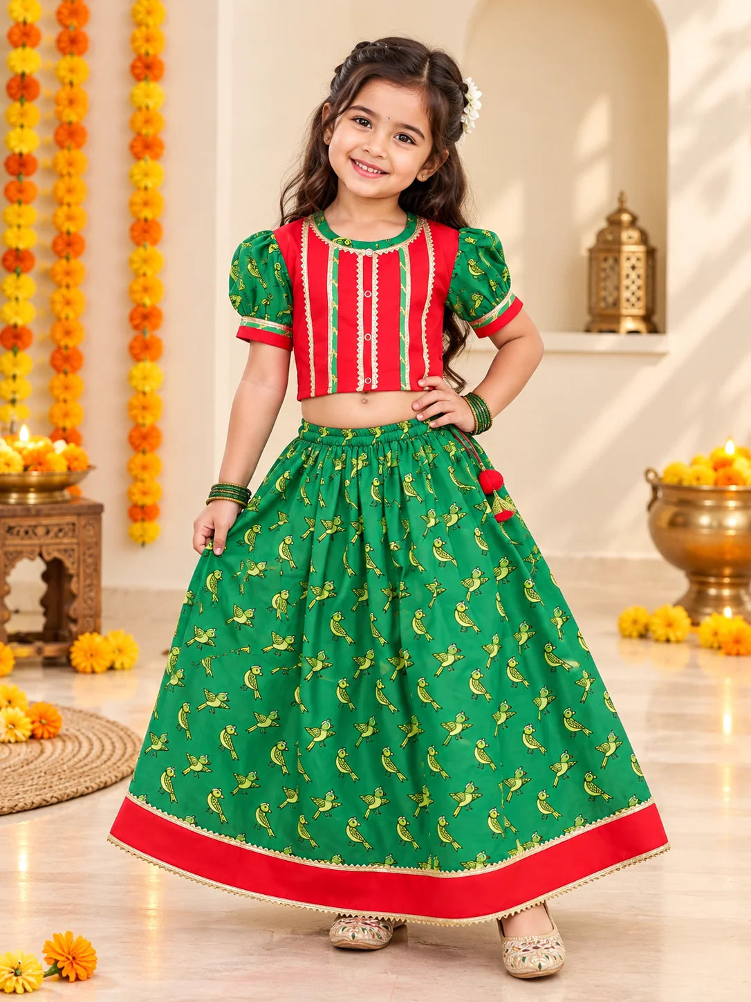 BownBee Pure Cotton Parrot Printed Short puff Sleeves Lehenga Choli For Girls