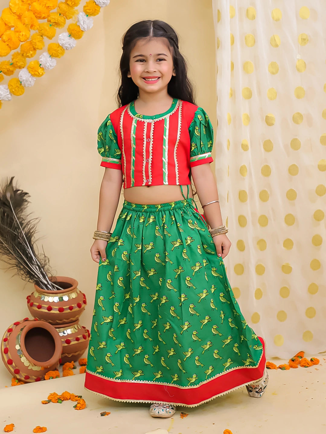 BownBee Pure Cotton Parrot Printed Short puff Sleeves Lehenga Choli For Girls- Red