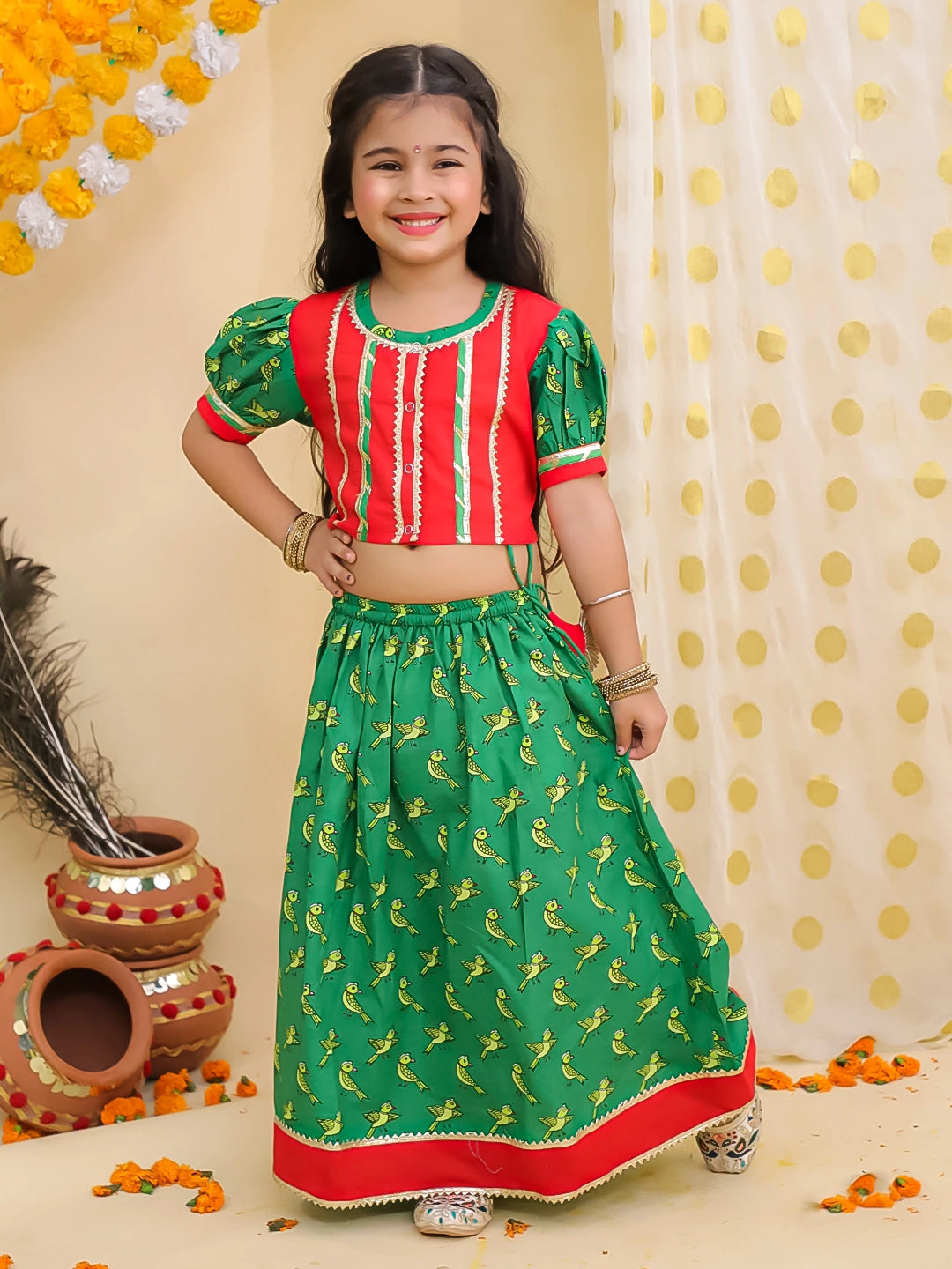 BownBee Pure Cotton Parrot Printed Short puff Sleeves Lehenga Choli For Girls- Red