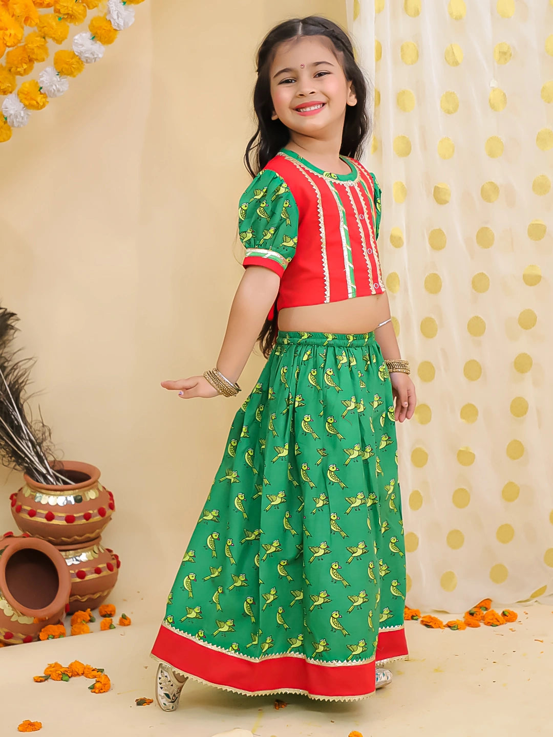 BownBee Pure Cotton Parrot Printed Short puff Sleeves Lehenga Choli For Girls- Red