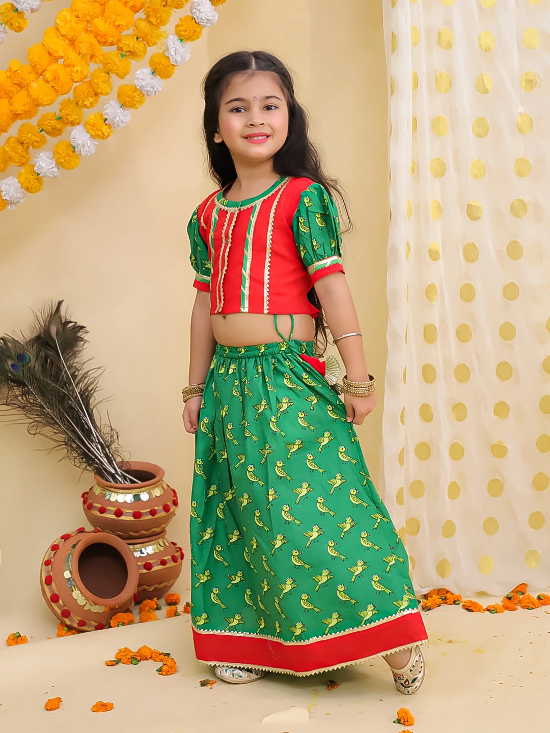 BownBee Pure Cotton Parrot Printed Short puff Sleeves Lehenga Choli For Girls- Red