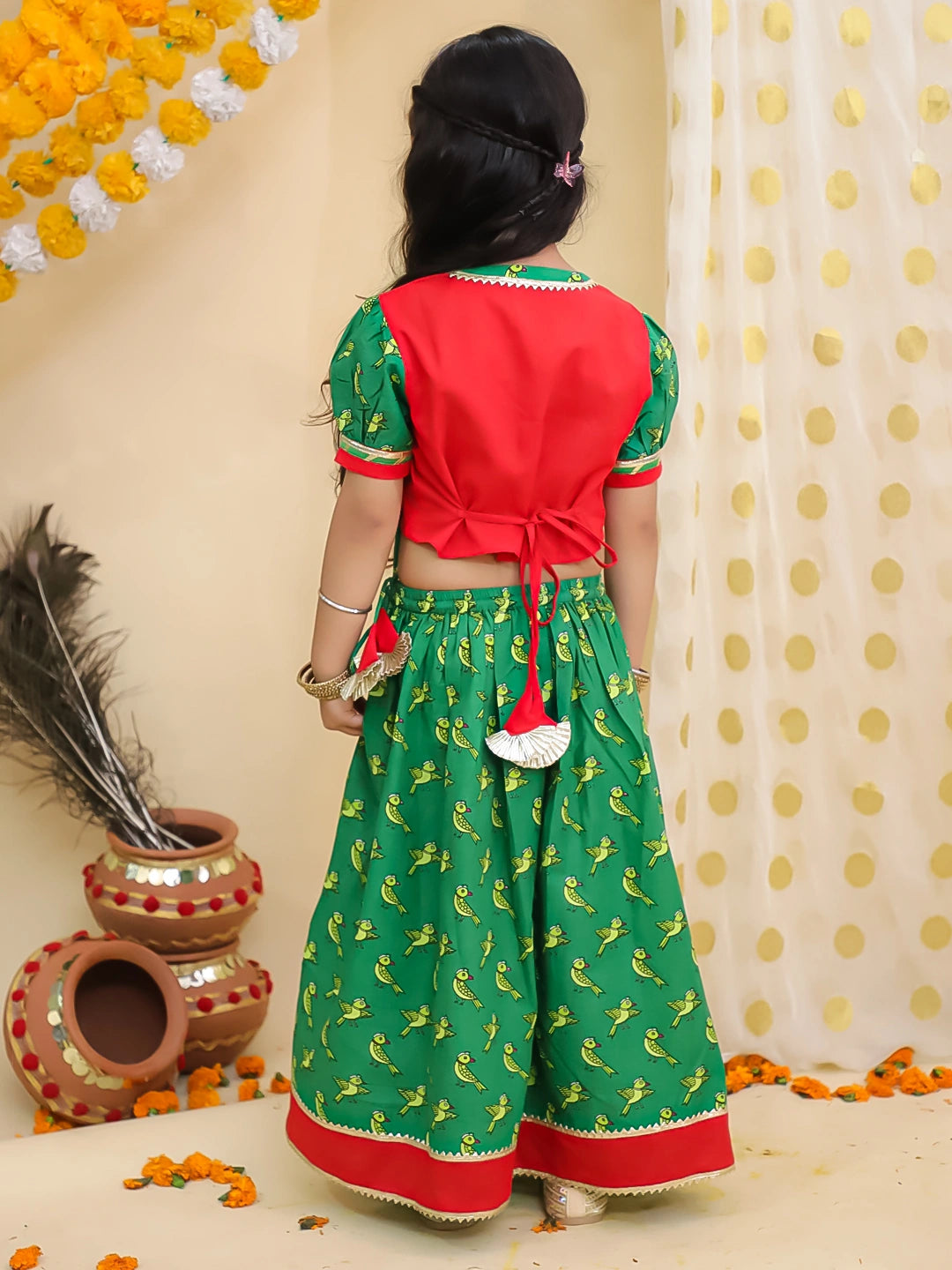 BownBee Pure Cotton Parrot Printed Short puff Sleeves Lehenga Choli For Girls- Red