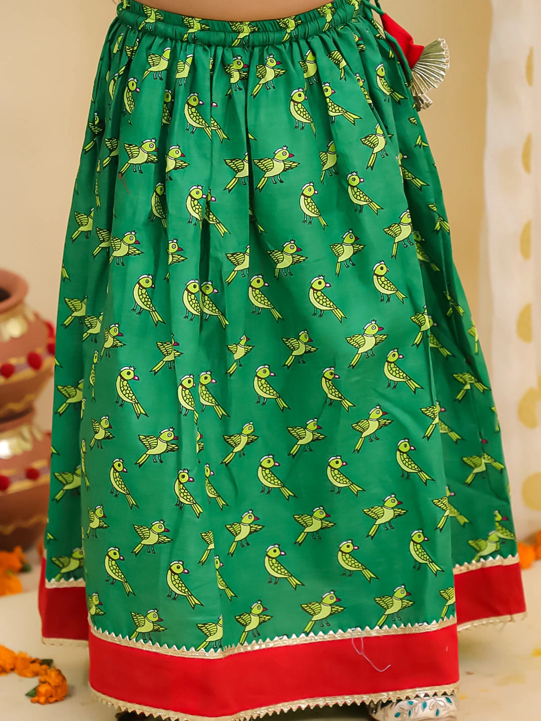 BownBee Pure Cotton Parrot Printed Short puff Sleeves Lehenga Choli For Girls- Red