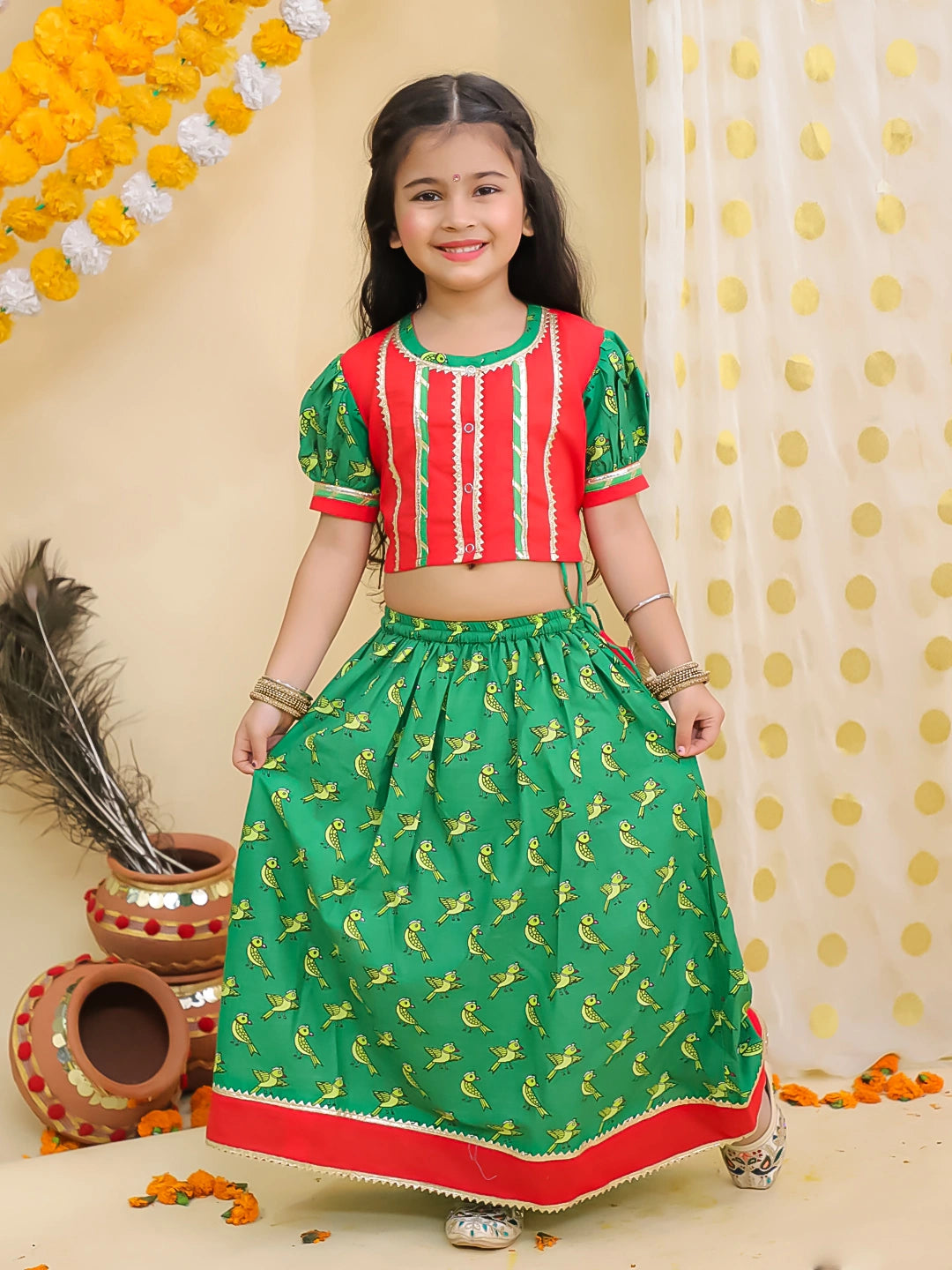 BownBee Pure Cotton Quirky Printed Lehena Choli With Dhoti Kurta Jacket Set Sibling Set