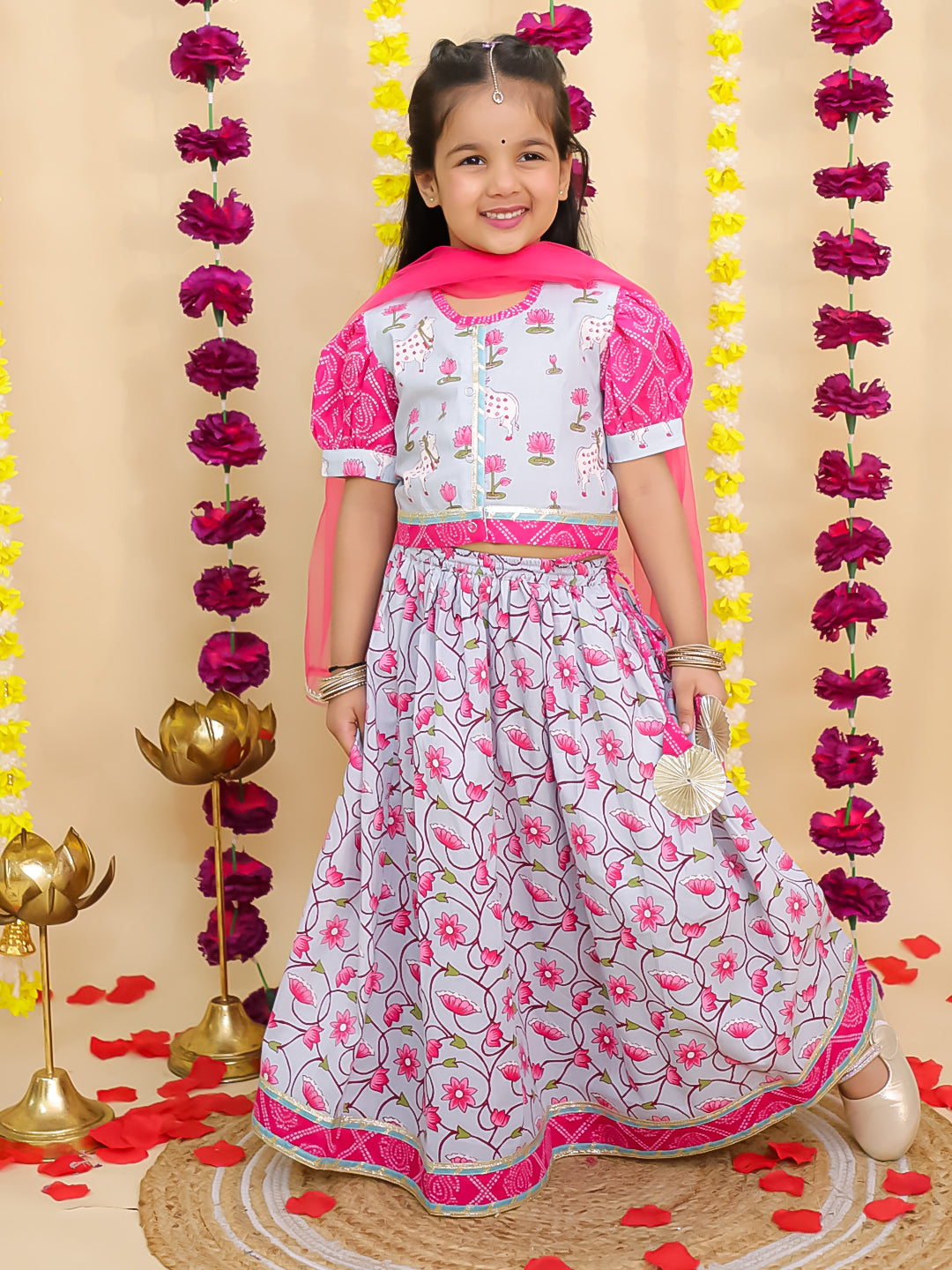 BownBee Pure Cotton Short Puff Sleeves Lehenga Choli  Set  With Dupatta For Girls - Sky Blue