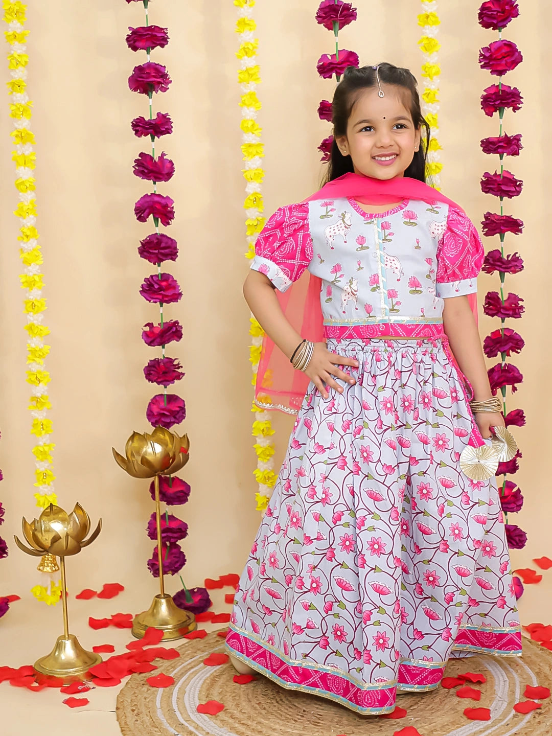 BownBee Pure Cotton Short Puff Sleeves Lehenga Choli  Set  With Dupatta For Girls - Sky Blue