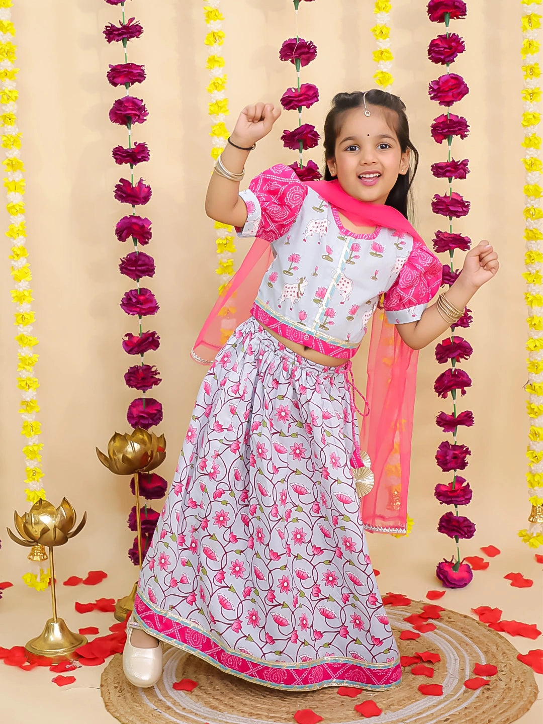 BownBee Pure Cotton Short Puff Sleeves Lehenga Choli  Set  With Dupatta For Girls - Sky Blue