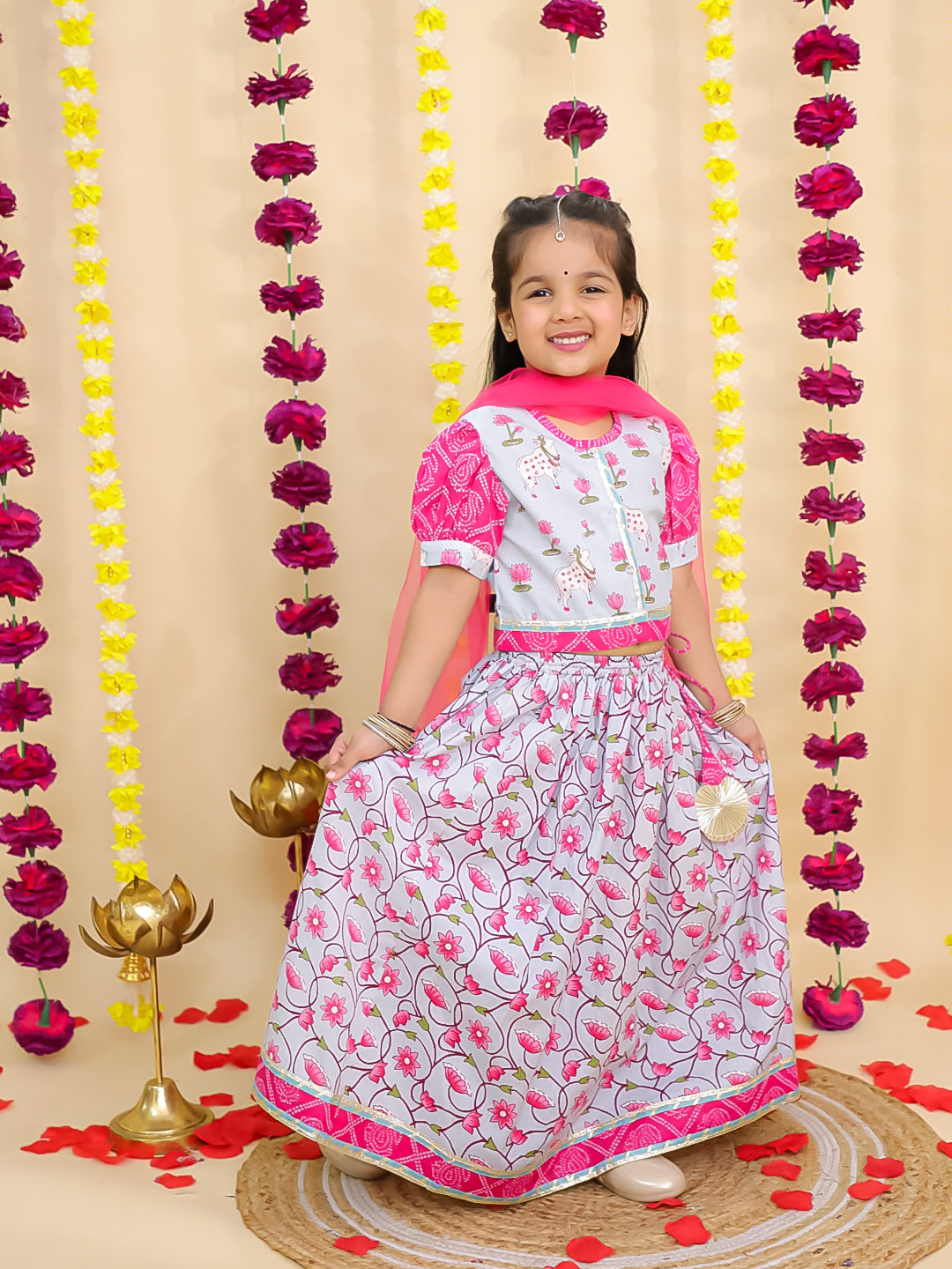 BownBee Pure Cotton Short Puff Sleeves Lehenga Choli  Set  With Dupatta For Girls - Sky Blue