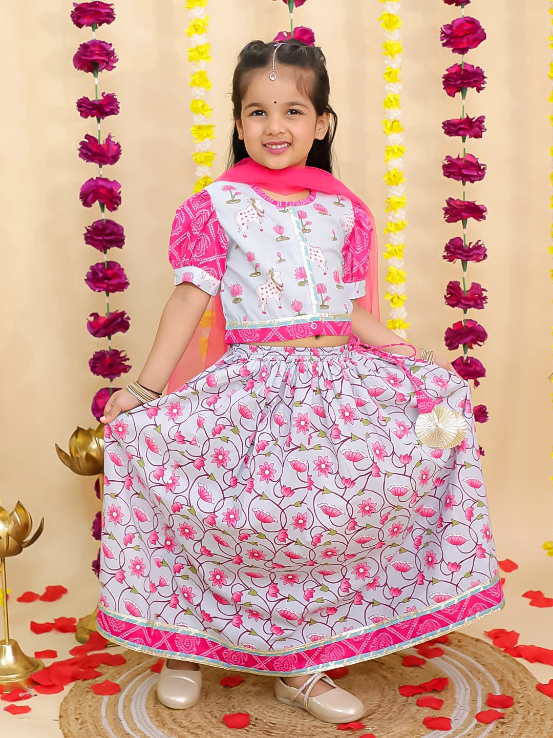 BownBee Pure Cotton Short Puff Sleeves Lehenga Choli  Set  With Dupatta For Girls - Sky Blue