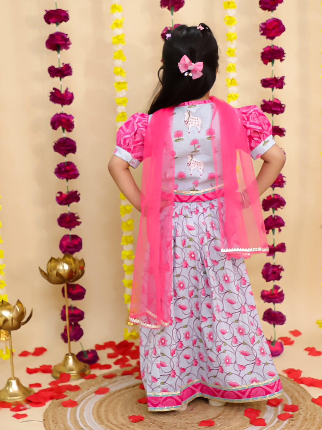 BownBee Pure Cotton Short Puff Sleeves Lehenga Choli  Set  With Dupatta For Girls - Sky Blue