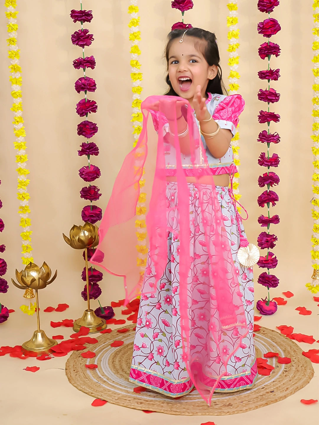 BownBee Pure Cotton Short Puff Sleeves Lehenga Choli  Set  With Dupatta For Girls - Sky Blue