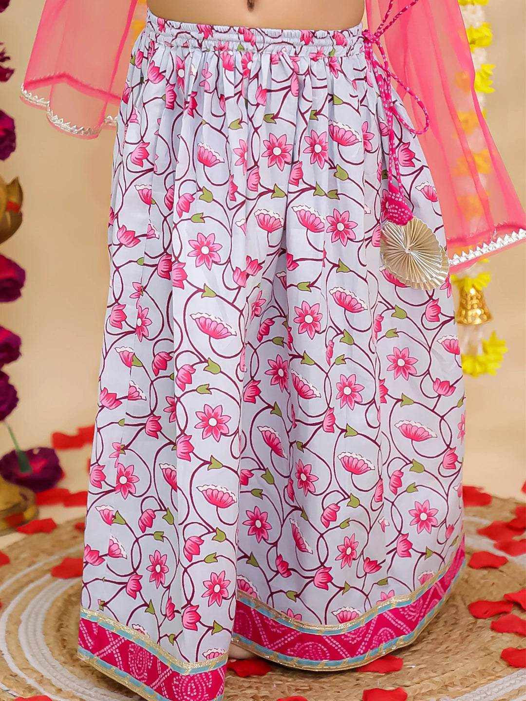 BownBee Pure Cotton Short Puff Sleeves Lehenga Choli  Set  With Dupatta For Girls - Sky Blue