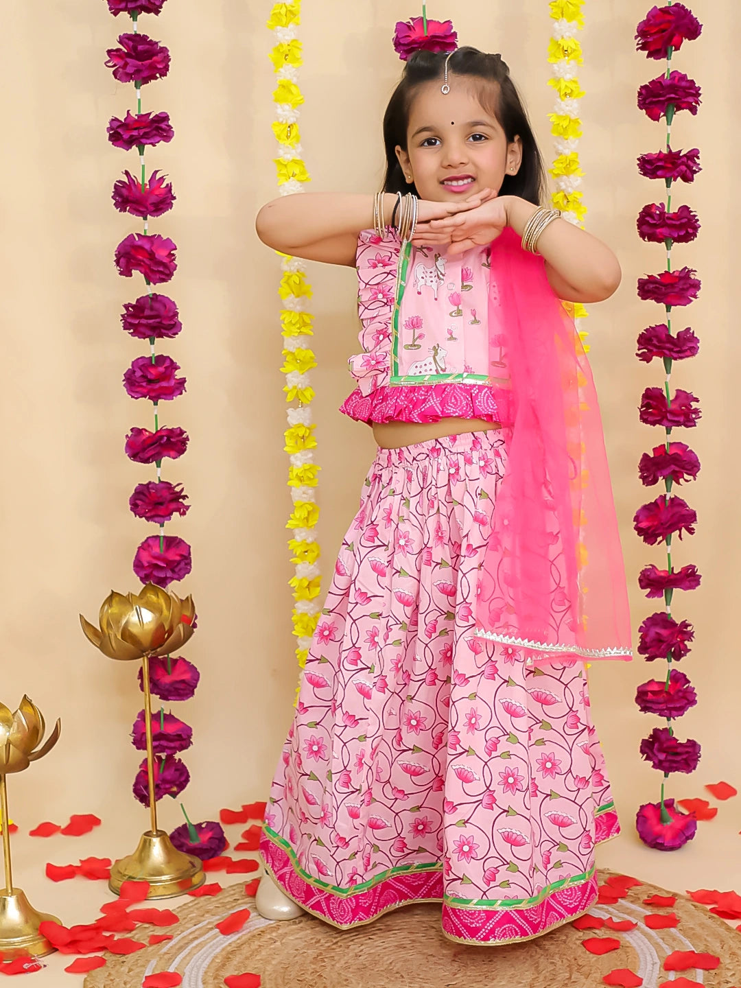 BownBee Pure Cotton Sleeveless Lehenga Choli Set With DupattaFor Girls - Pink