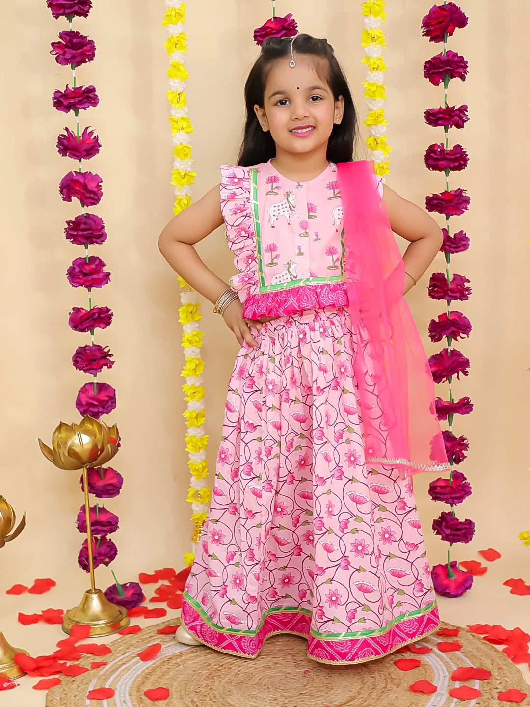 BownBee Pure Cotton Sleeveless Lehenga Choli Set With DupattaFor Girls - Pink