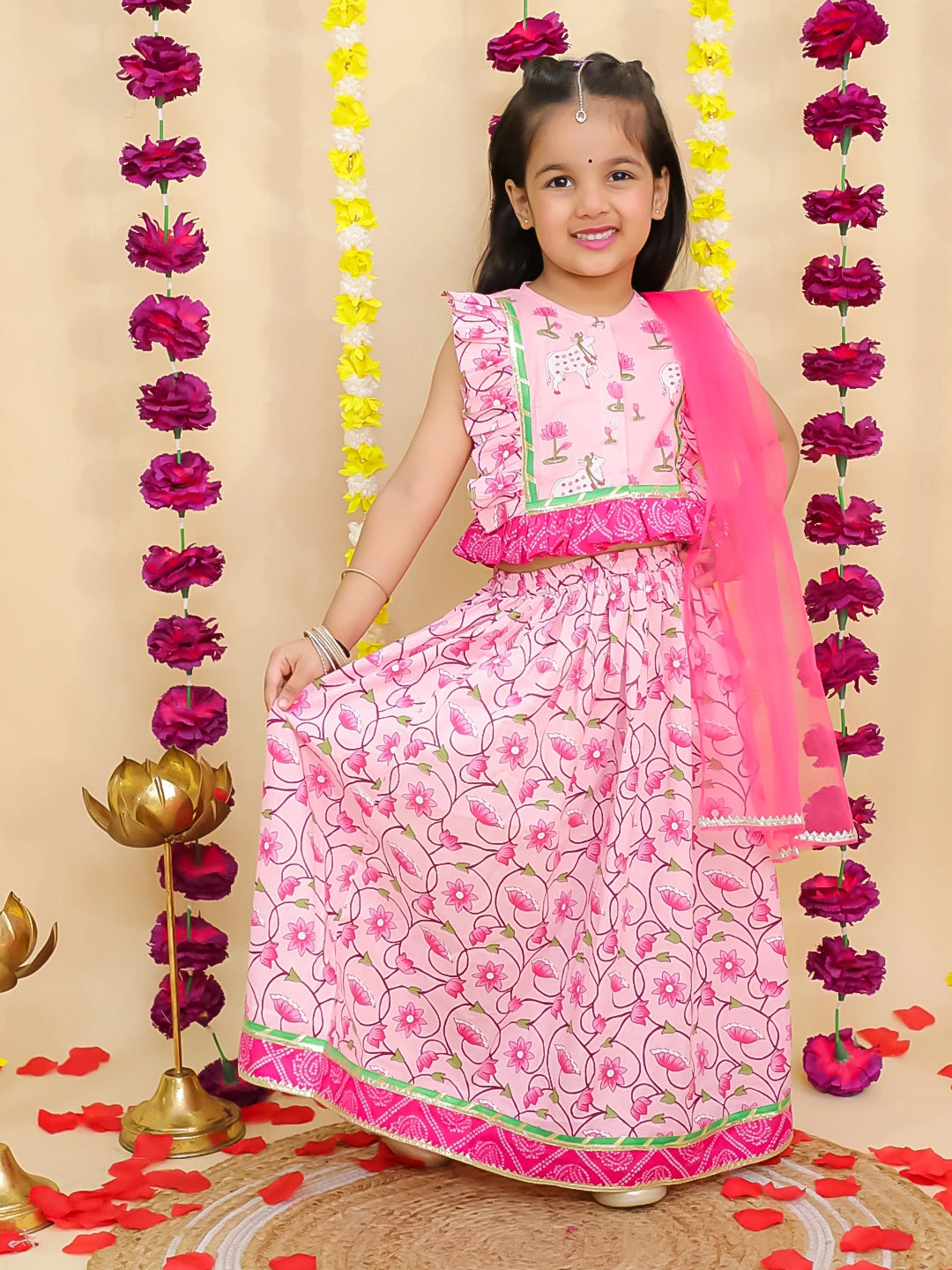 BownBee Pure Cotton Sleeveless Lehenga Choli Set With DupattaFor Girls - Pink