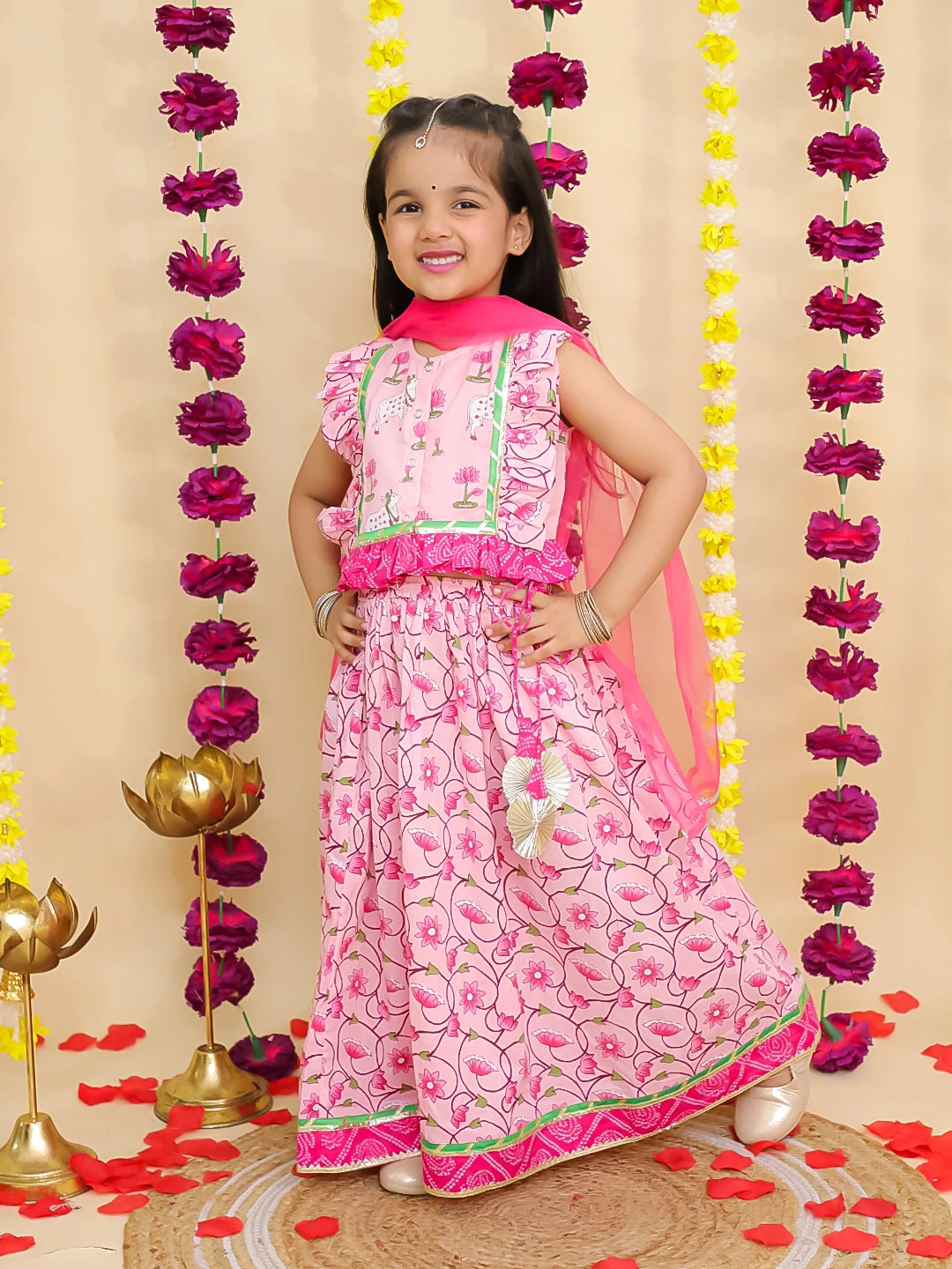 BownBee Pure Cotton Sleeveless Lehenga Choli Set With DupattaFor Girls - Pink