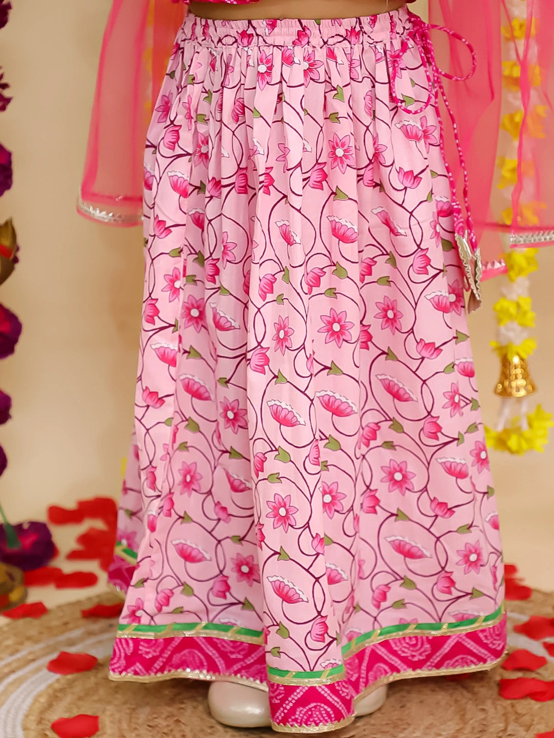 BownBee Pure Cotton Sleeveless Lehenga Choli Set With DupattaFor Girls - Pink