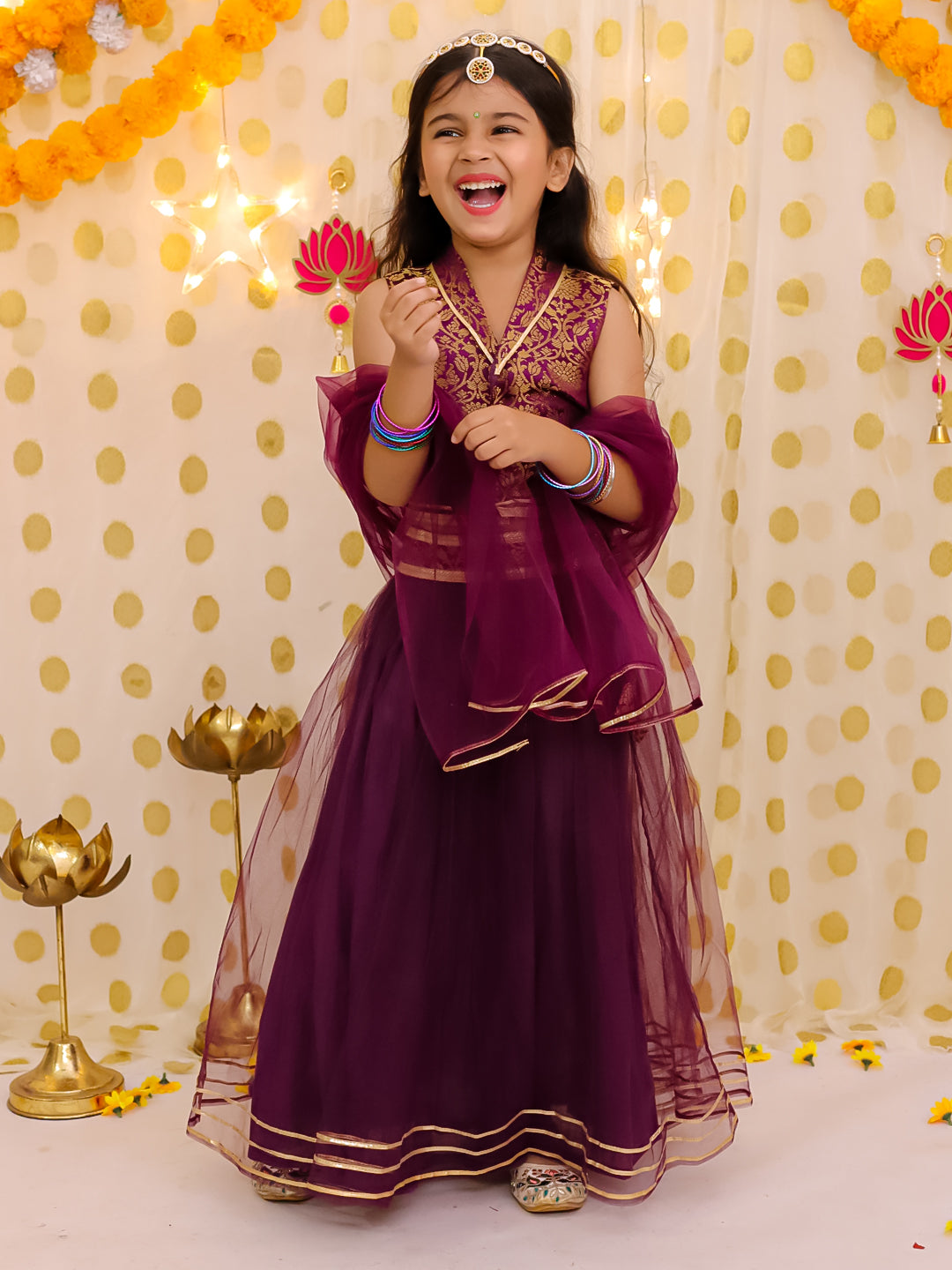 BownBee Sleeveless Jacquard Collared Choli With Net Lehenga Set For Girls - Purple