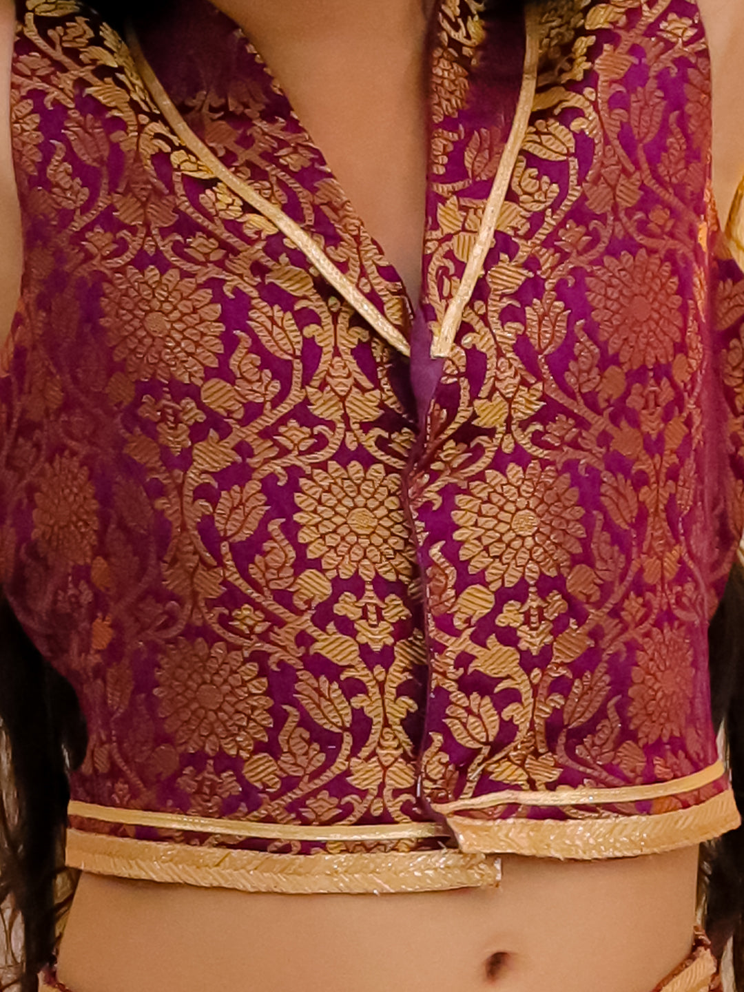 BownBee Sleeveless Jacquard Collared Choli With Net Lehenga Set For Girls - Purple