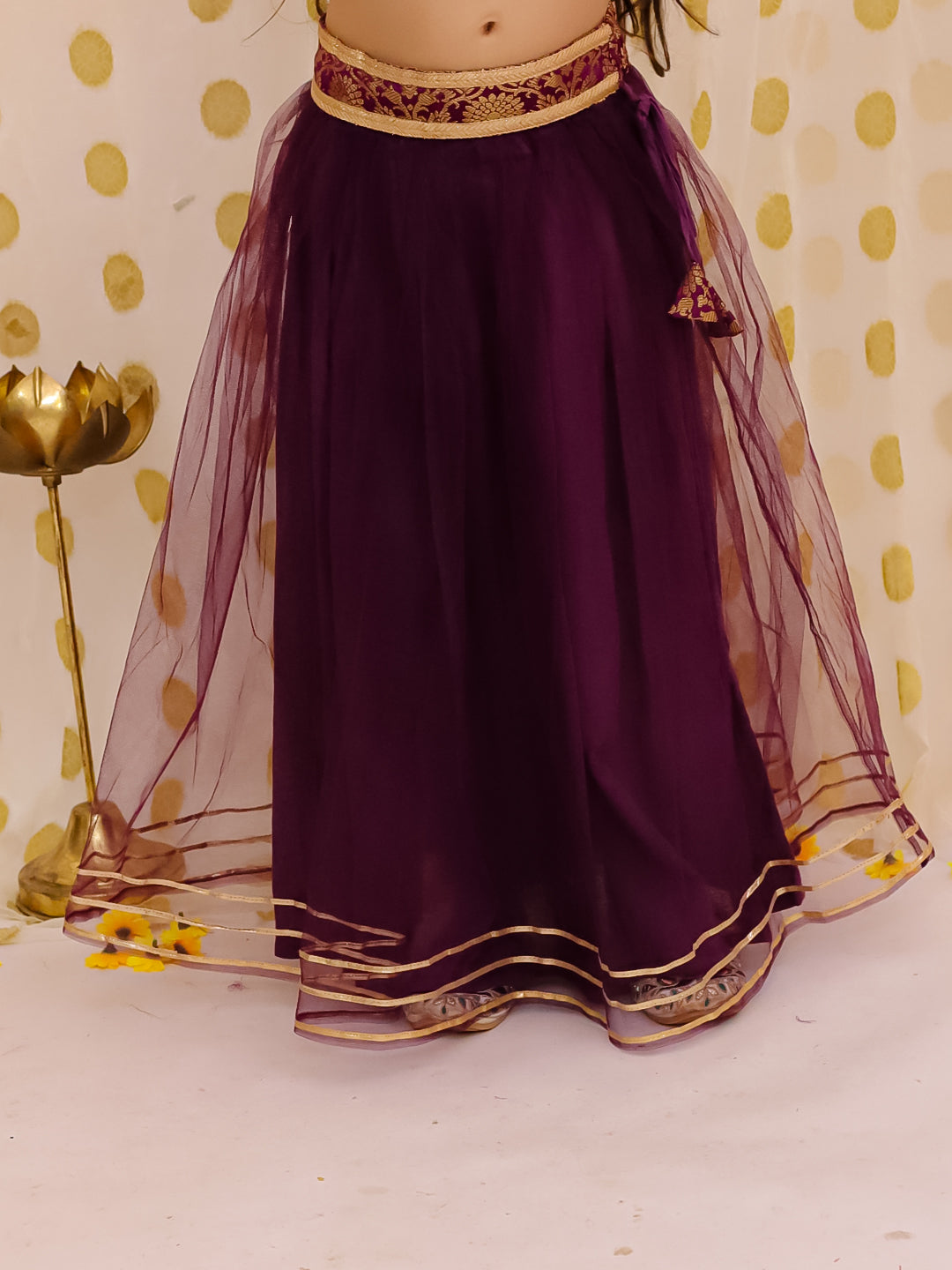 BownBee Sleeveless Jacquard Collared Choli With Net Lehenga Set For Girls - Purple