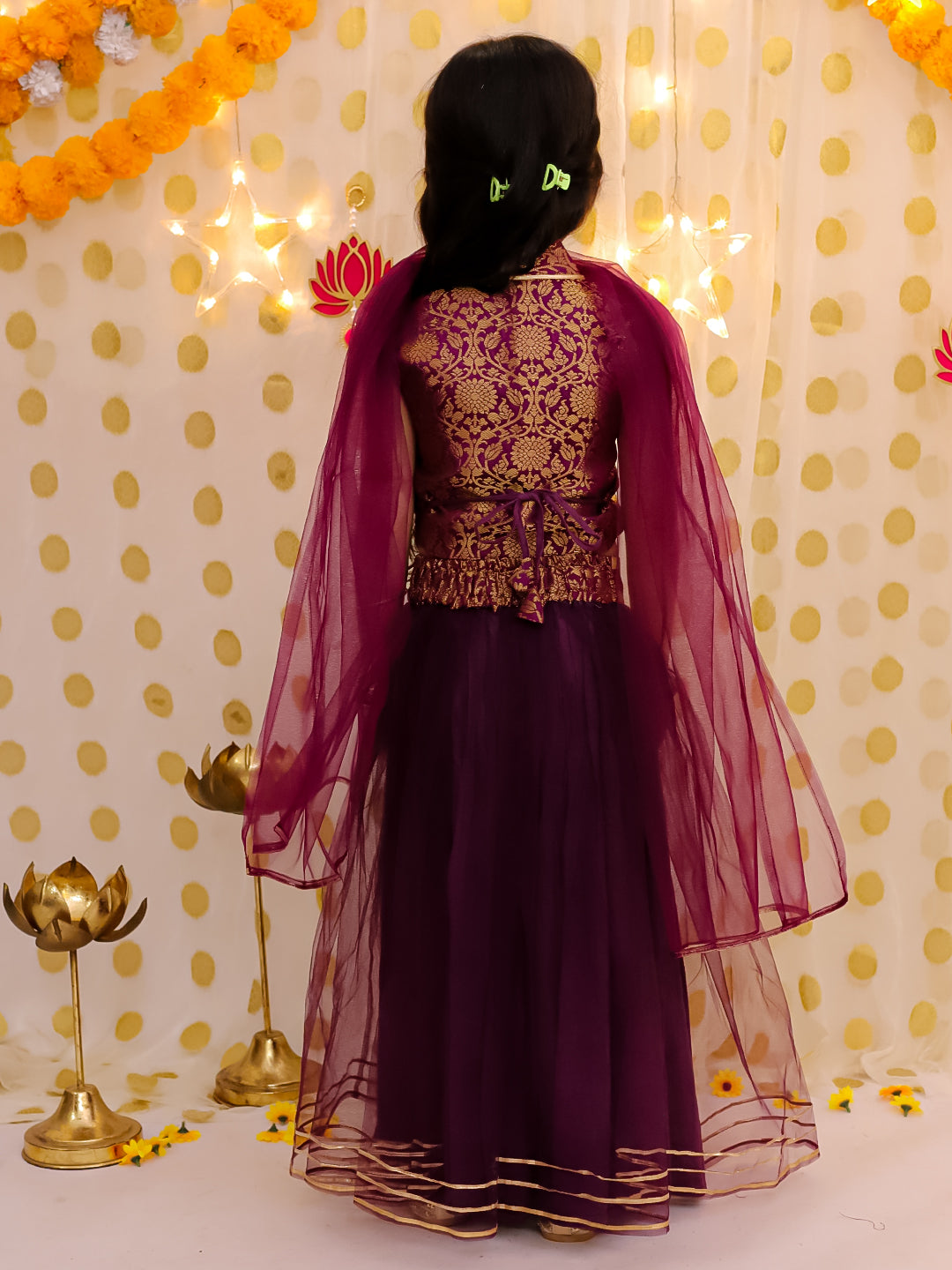 BownBee Sleeveless Jacquard Collared Choli With Net Lehenga Set For Girls - Purple