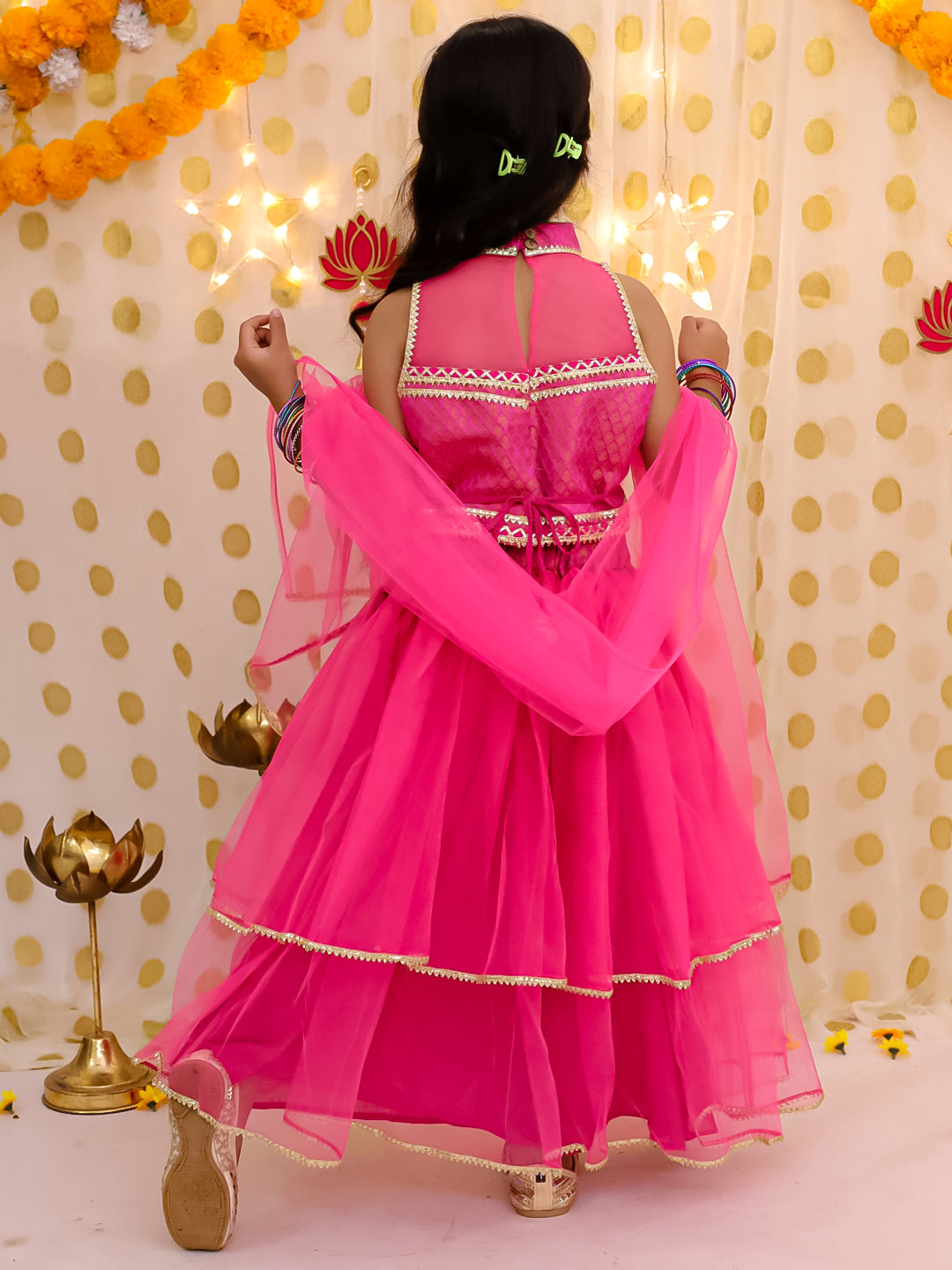 BownBee Sleeveless Halter Neck Lehenga Choli With Dupatta Set For Girls - Pink