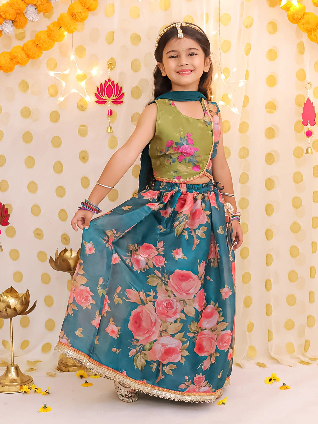 BownBee Sleeveless Jacket Style Lehenga Choli With Dupatta Set For Girls
