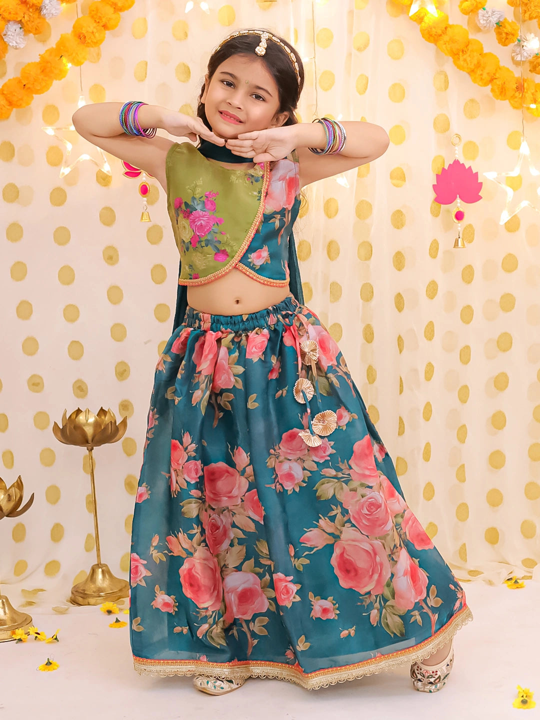 BownBee Sleeveless Jacket Style Lehenga Choli With Dupatta Set For Girls