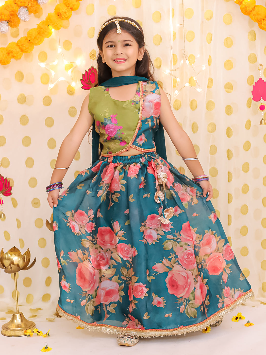 BownBee Sleeveless Jacket Style Lehenga Choli With Dupatta Set For Girls - Green