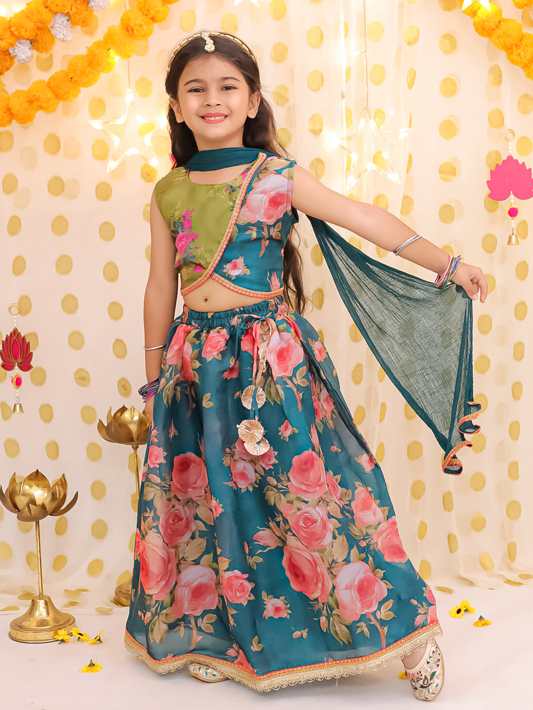 BownBee Sleeveless Jacket Style Lehenga Choli With Dupatta Set For Girls - Green