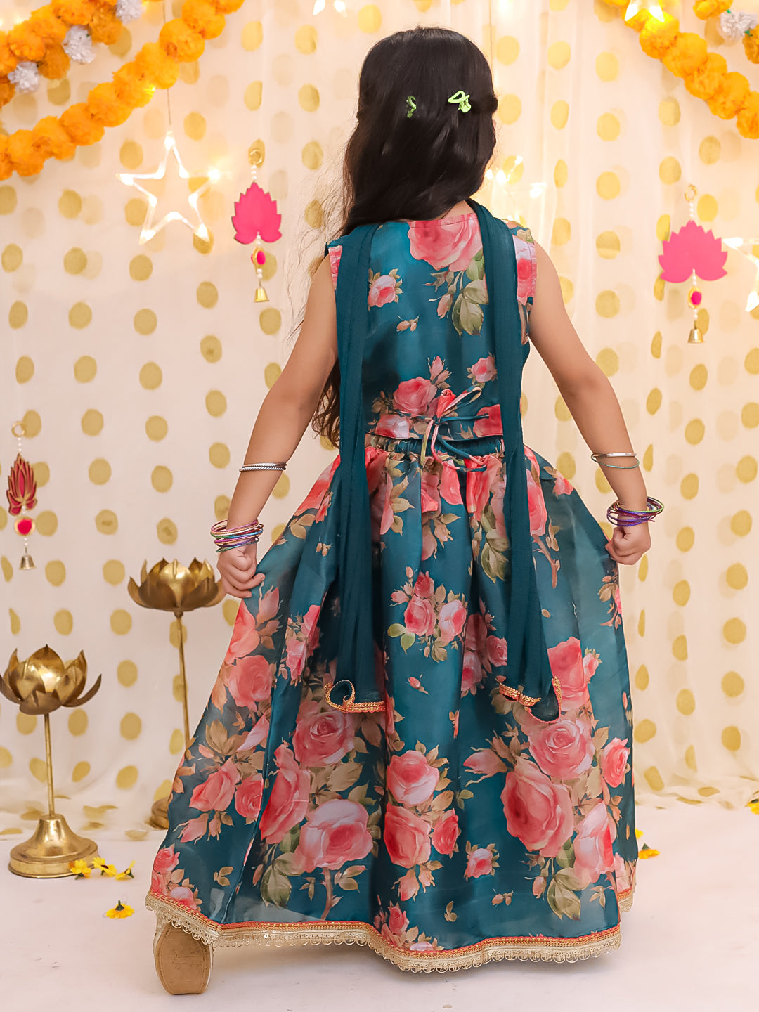BownBee Sleeveless Jacket Style Lehenga Choli With Dupatta Set For Girls - Green