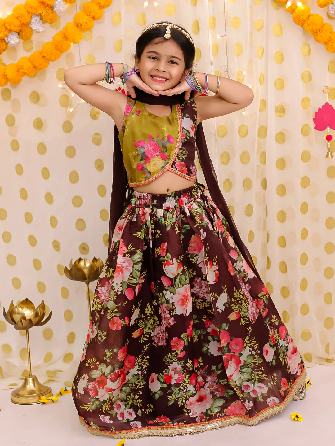 BownBee Sleeveless Jacket Style Lehenga Choli With Dupatta Set For Girls