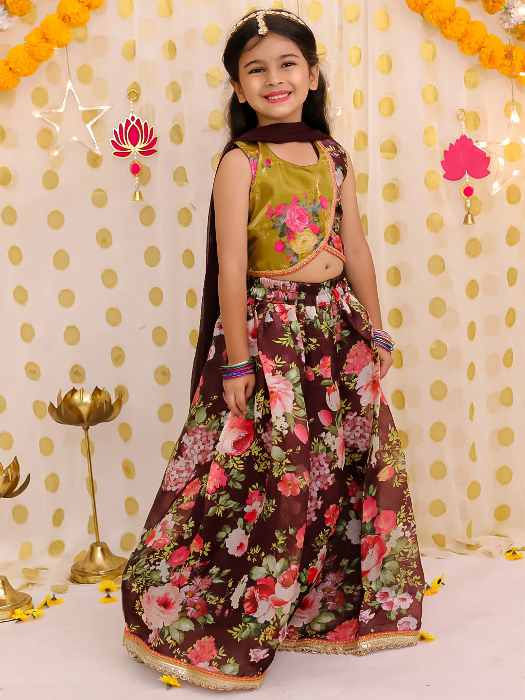 BownBee Sleeveless Jacket Style Lehenga Choli With Dupatta Set For Girls