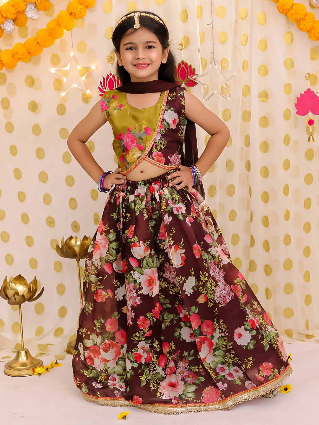 BownBee Sleeveless Jacket Style Lehenga Choli With Dupatta Set For Girls