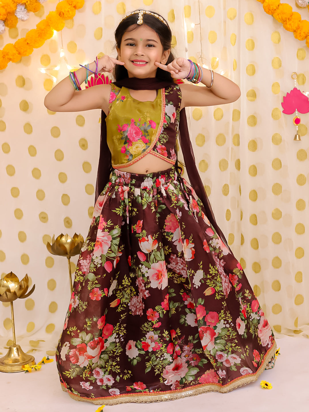 BownBee Sleeveless Jacket Style Lehenga Choli With Dupatta Set For Girls - Maroon
