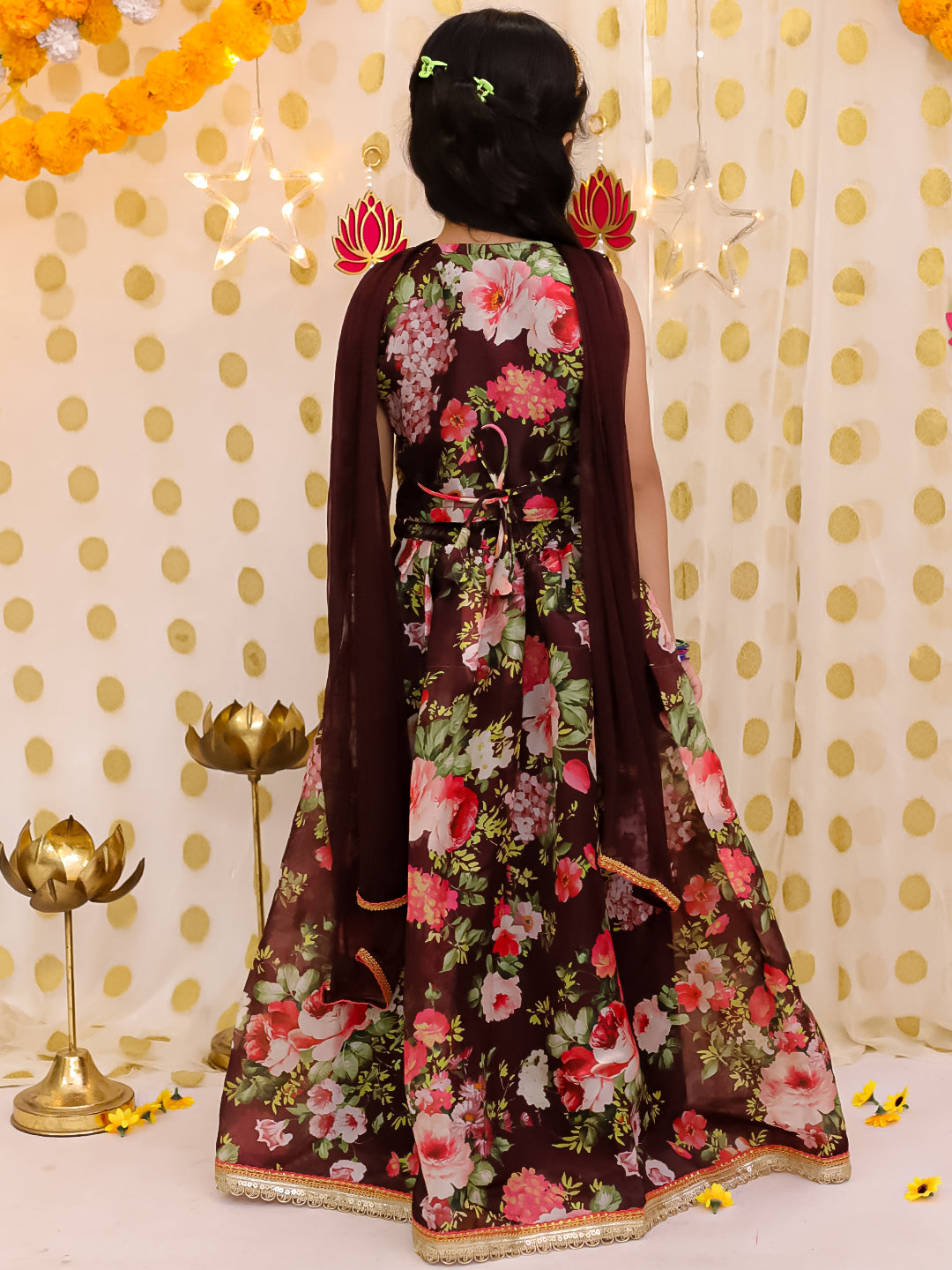 BownBee Sleeveless Jacket Style Lehenga Choli With Dupatta Set For Girls - Maroon