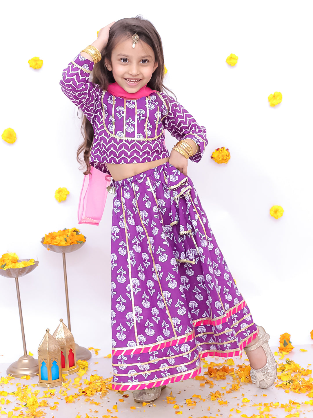 BownBee Festive Lehenga Choli & Kurta Pajama Sibling Set - Purple