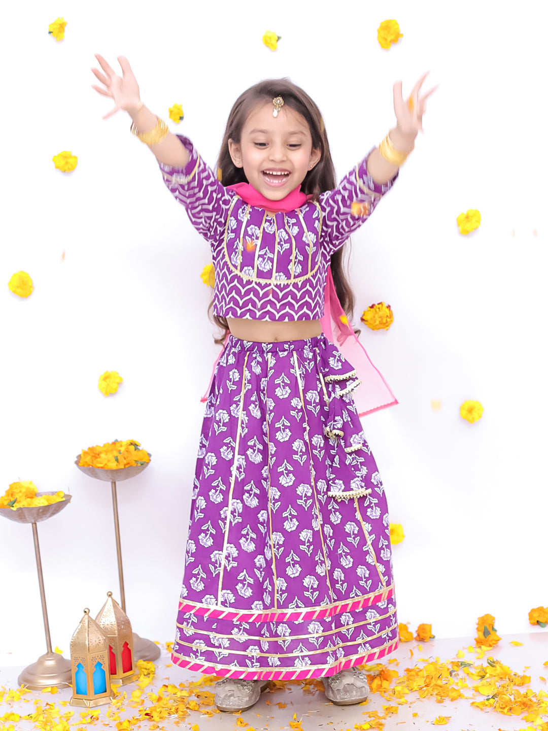 BownBee Festive Lehenga Choli & Kurta Pajama Sibling Set - Purple